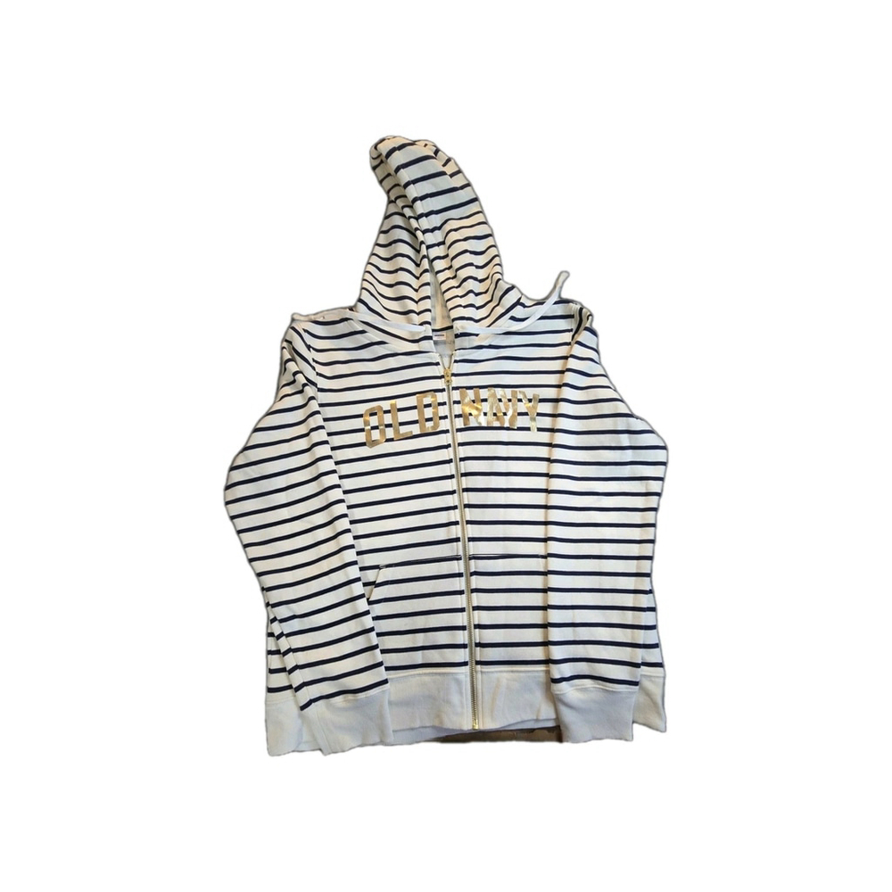 Old Navy Women’s Large Striped Full Zip Hoodie Cream Navy Gold Logo
